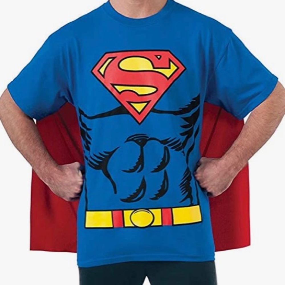 Mens DC Comics Superman superhero costume t-shirt, with detachable cape, size XL